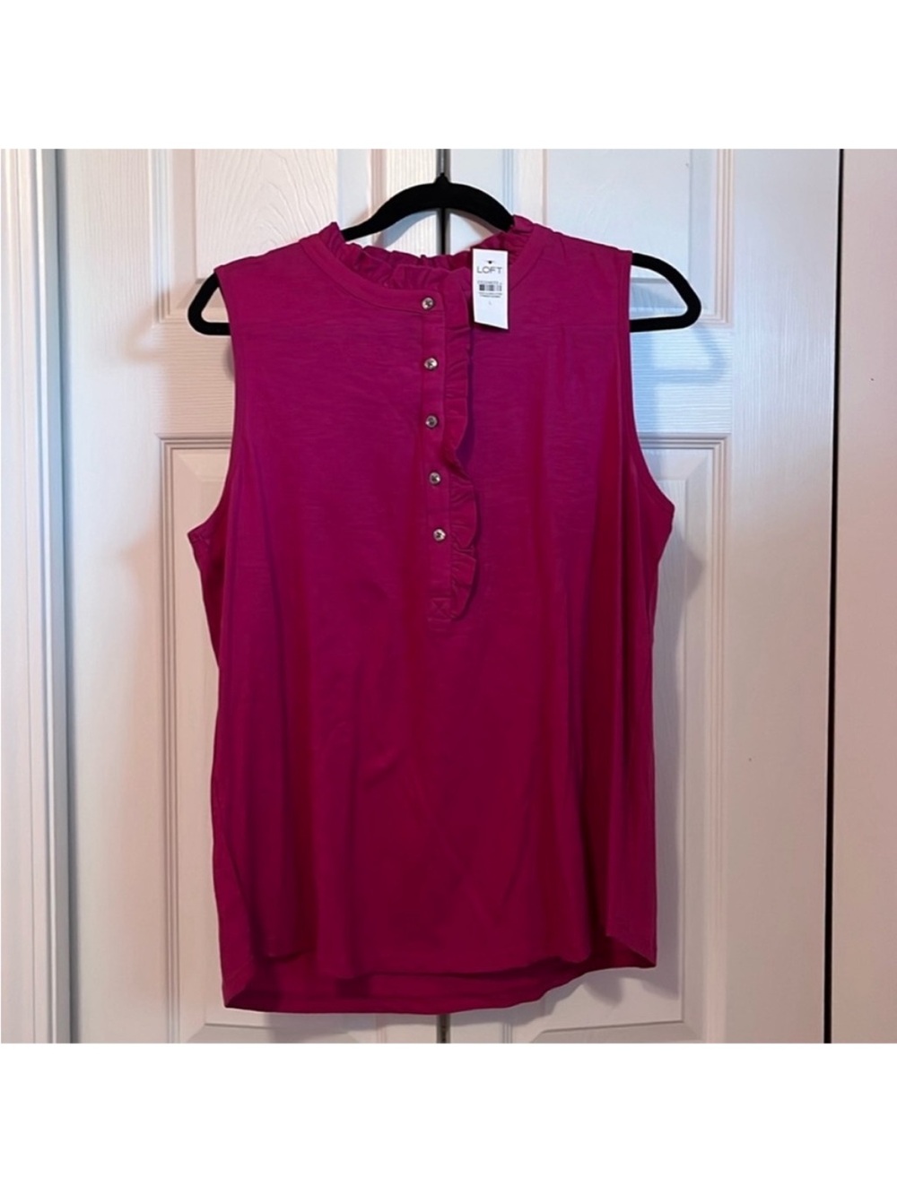 LOFT Fushia Ruffle Henley Sleeveless Top